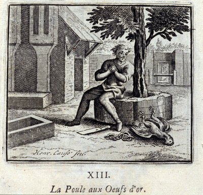 A galinha com ovos de ouro. Fábulas de Jean de La Fontaine (1621-95). Ilustração de François Chauveau (1613-1676). Edição de 1728. de Francois Chauveau