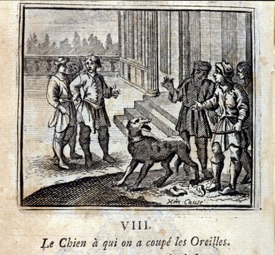 O cão que lhe cortamos as orelhas. Fábulas de Jean de La Fontaine (1621-95). Ilustração de François Chauveau (1613-1676). Edição de 1728. de Francois Chauveau