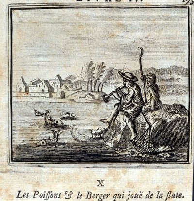 O peixe e o pastor a tocar flauta. Fábulas de Jean de La Fontaine (1621-95). Ilustração de François Chauveau (1613-1676). Edição de 1728. de Francois Chauveau