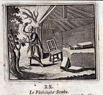 O filósofo Scythe. Fábulas de Jean de La Fontaine (1621-95). Ilustração de François Chauveau (1613-1676). Edição de 1728. de Francois Chauveau