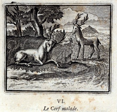 O veado doente. Fábulas de Jean de La Fontaine (1621-95). Ilustração de François Chauveau (1613-1676). Edição de 1728. de Francois Chauveau