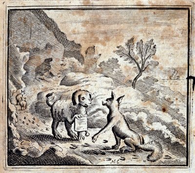 O leão doente e a raposa. Fábulas de Jean de La Fontaine (1621-95). Ilustração de François Chauveau (1613-1676). Edição de 1728. de Francois Chauveau