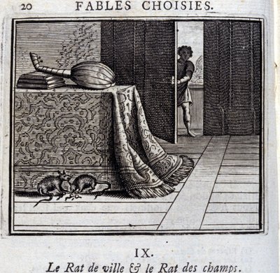 O rato da cidade e o rato do campo. Fábulas de Jean de La Fontaine (1621-95). Ilustração de François Chauveau (1613-1676). Edição de 1728. de Francois Chauveau