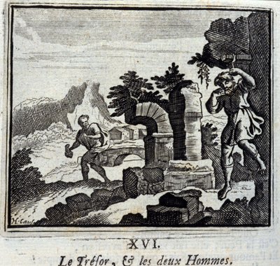 O tesoureiro e os dois homens. Fábulas de Jean de La Fontaine (1621-95). Ilustração de François Chauveau (1613-1676). Edição de 1728. de Francois Chauveau