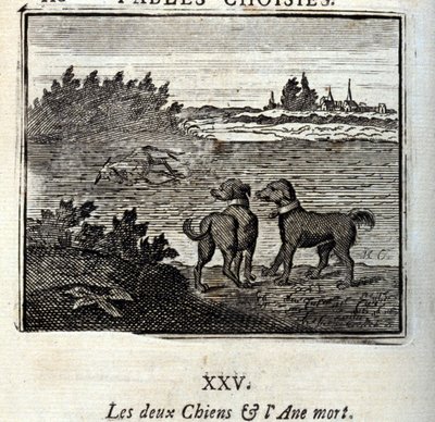 Os dois Cães e o Burro Morto. Fábulas de Jean de La Fontaine (1621-95). Ilustração de François Chauveau (1613-1676). Edição de 1728. de Francois Chauveau