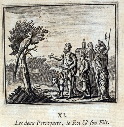Os dois Papagaios, o Rei e o seu Filho. Fábulas de Jean de La Fontaine (1621-95). Ilustração de François Chauveau (1613-1676). Edição de 1728. de Francois Chauveau