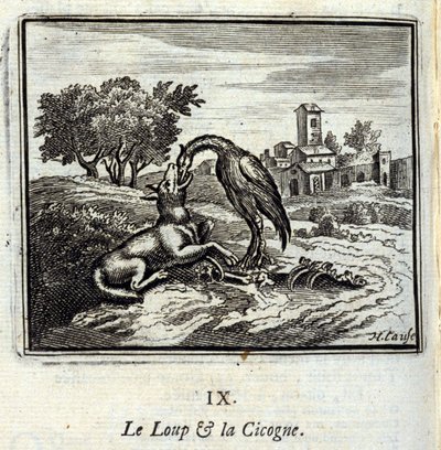 O lobo e a cegonha. Fábulas de Jean de La Fontaine (1621-95). Ilustração de François Chauveau (1613-1676). Edição de 1728. de Francois Chauveau