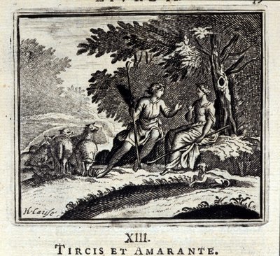 Tircis e Amaranth. Fábulas de Jean de La Fontaine (1621-95). Ilustração de François Chauveau (1613-1676). Edição de 1728. de Francois Chauveau