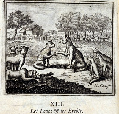 Lobos e ovelhas. Fábulas de Jean de La Fontaine (1621-95). Ilustração de François Chauveau (1613-1676). Edição de 1728. de Francois Chauveau