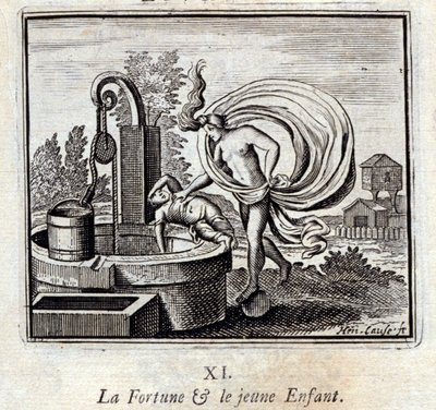 a Fortuna e a Criança Pequena. Fábulas de Jean de La Fontaine (1621-95). Ilustração de François Chauveau (1613-1676). Edição de 1728. de Francois Chauveau