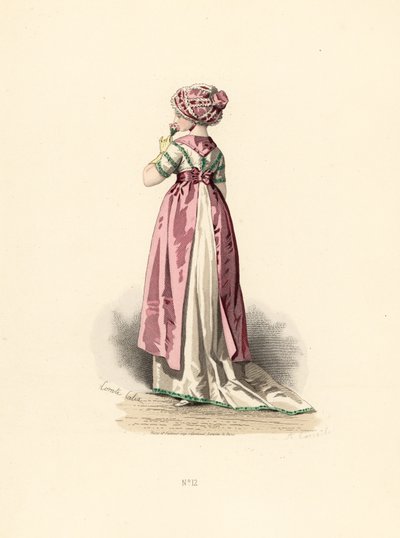 Mulher de vestido branco e corsage com guarnição verde, avental cor-de-rosa. de Francois Claudius (after) Compte Calix