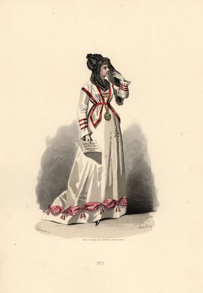 Mulher com vestido branco ornamentado com bouffants cor-de-rosa. de Francois Claudius (after) Compte Calix