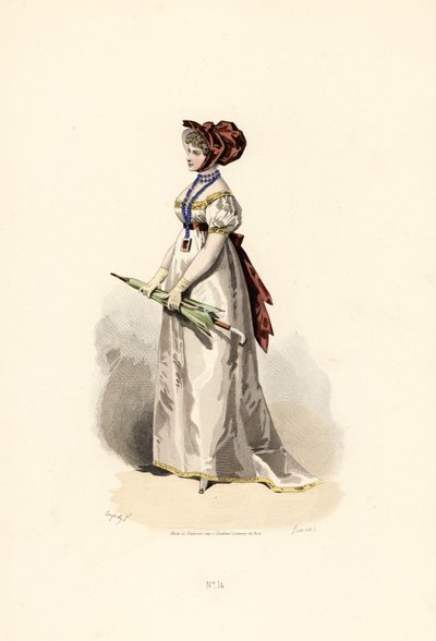 Mulher com vestido branco, com debrum cor de palha e cinto com granada. de Francois Claudius (after) Compte Calix