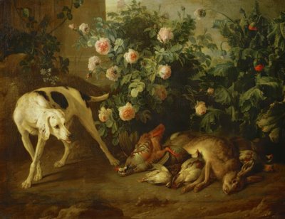 Cão mantendo jogo perto de um arbusto de rosas de Francois Desportes