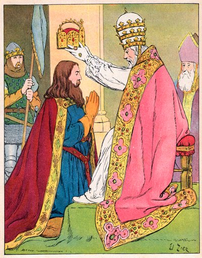 Carlos Magno (742-814) coroado pelo Papa Leão III (c750-816) na basílica de São Pedro, em Roma, em 25 de dezembro de 800 - Sagrado (Coroação) de Carlos Magno (742-814) em 800 pelo Papa Leão III - Ilustração de François Zier (1856-1924) tirada de "Our Glory de Francois Edouard Zier