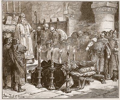 Fitz-Arthur proibindo o enterro de William, ilustração de &39;História Ilustrada de Cassell da Inglaterra&39; (foto sépia) de Francois Edouard Zier
