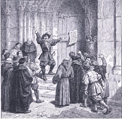 Robert Aske afixando sua proclamação à porta do York Minster, de Cassells History of the British People publicado pela Waverley Book Company, c.1950