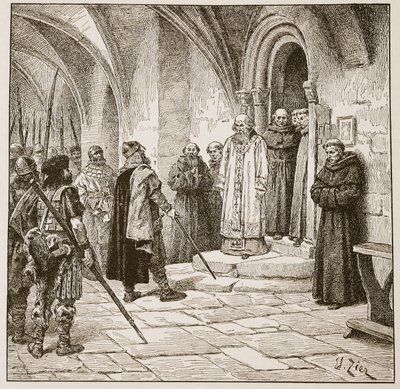 Swein exigindo resgate, ilustração de "A Igreja da Inglaterra: uma história para o povo" por HDM Spence-Jones, pub. c.1910 (foto sépia) de Francois Edouard Zier