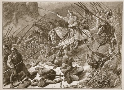 A &39;Senhora dos Mercianos&39; lutando com o galês, ilustração de &39;História Ilustrada de Cassell da Inglaterra&39; (foto sépia) de Francois Edouard Zier