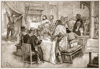 O mensageiro traz para Harold a notícia do desembarque de William, ilustração de "A Igreja da Inglaterra: Uma História para o Povo" de HDM Spence-Jones, pub. c.1910 (foto sépia) de Francois Edouard Zier