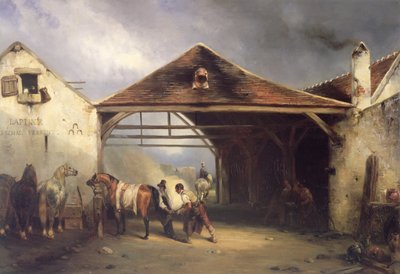 Um ferrador ferrar um cavalo de Francois Emile de Lansac