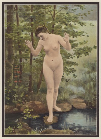 Revelação, uma mulher e seu reflexo na água (lito colorido) de Francois Eugene Brillaud