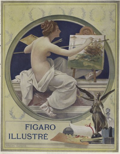 Uma mulher parcialmente nua pintando em um cavalete de Francois Flameng