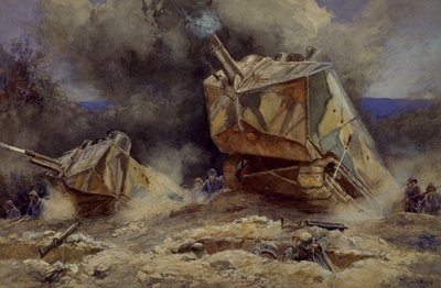 Ataque a infantaria e tanques em Saint Chamond, Julho de 1918 (aguarela) de Francois Flameng