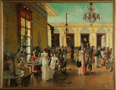 Café Frascati (Paris, França), uma cena na época de Napoleão (final de 18-1815) - Pintura de François Flameng (1856-1923), óleo sobre madeira de Francois Flameng