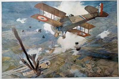 Primeira Guerra Mundial "Luta Aérea" O avião inimigo a cair em chamas. Pintura aquarelada de François Flameng (1856-1923) 1918 Coleção particular de Francois Flameng