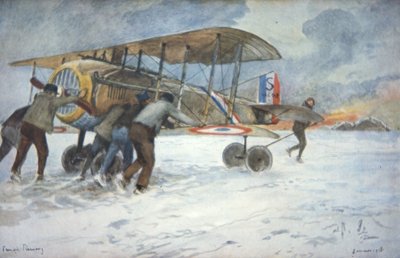 Tripulação terrestre e piloto manuseiam um caça Spad francês através da neve até um hangar, janeiro de 1918 (cor litho0 de Francois Flameng