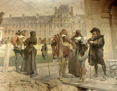 Pascal com Desargues apresenta a Descartes suas experiências sobre a gravidade do ar: o jovem matemático Blaise Pascal (1623-1662) e Girard Desargues (1591-1661) discutindo sua teoria sobre a pressão atmosférica com Rene Descartes (1596-1650) sobre o P de Francois Flameng
