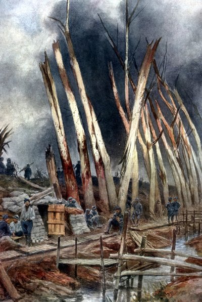A ofensiva em Yser (1917). Linha francesa perto de Het-Sas pouco antes de 31 de julho. Soldados à espera de ordens entre as árvores destruídas pelos tiros dos combates anteriores. Segundo pintura de François Flameng (1856-1923) francês. de Francois Flameng