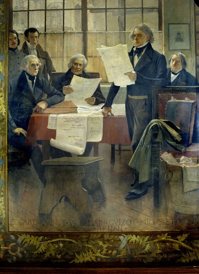 Escritores no século XIX: Edgar Quinet, Abel François Villemain, François Guizot, Jules Michelet, Victor Cousin, Ernest Renan - lona maroufflée de François Flameng (1856-1923), Université de la Sorbonne, Paris de Francois Flameng