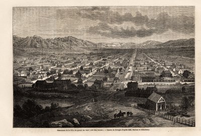 Panorama da cidade do grande lago sujo, citando os santos (Utah), desenho de Ferogio, para ilustrar a viagem de Richard Burton à cidade dos santos, capital da terra dos mórmons, em 1860. Gravura em "Le tour du monde", editado por Edouard Charto de Francois Fortune Antoine (after) Ferogio