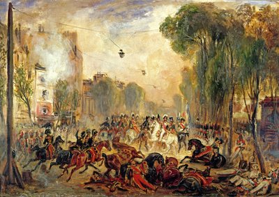 Tentativa de assassinato do Rei Louis-Philippe (1773-1850) por Giuseppe Fieschi (1790-1836) Boulevard du Temple, 28 de Julho de 1835 (óleo sobre tela) de Francois Gabriel Guillaume Lepaulle