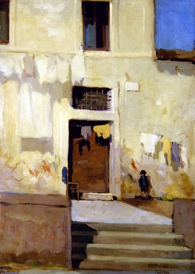 Uma cena de rua em Roma (óleo a bordo) de Francois Gall
