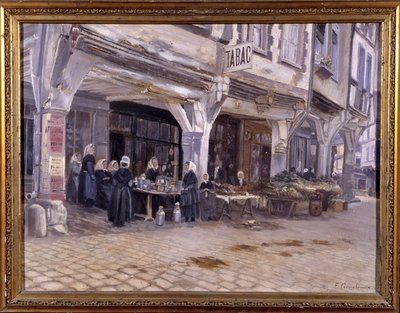 Mercado debaixo dos alpendres em Dinan - por F. Gombeaux, finais do século XIX de Francois Gombeaux