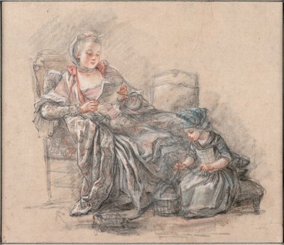 Mulher lendo e uma garota brincando (provavelmente a Marquesa de Pompadour com sua filha Alexandrina), 1748 de Francois Guérin