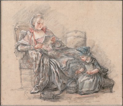 Mulher lendo e uma menina tocando Marquise de Pompadour com sua filha Alexandrine, ca 1748 de Francois Guérin