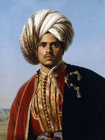 Retrato de um príncipe otomano, meio comprimento, em vermelho e dourado, de Francois Henri Alexandre La Fond