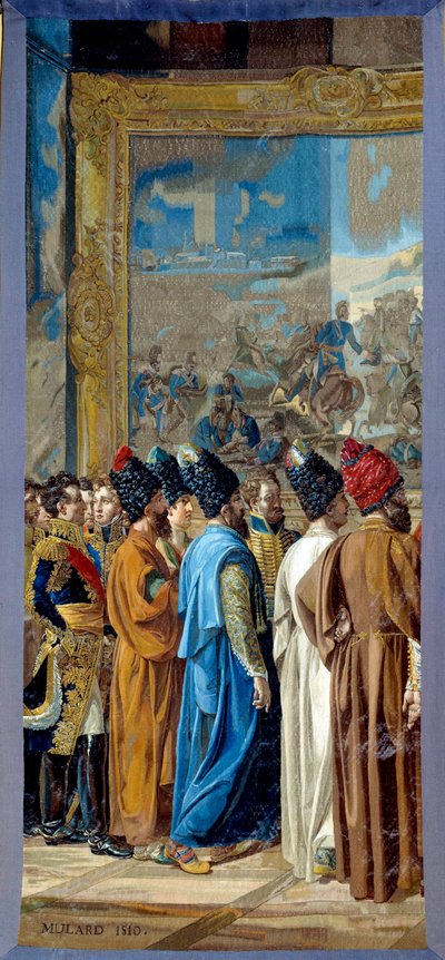 Napoleão I (1769-1821) recebido no castelo de Finkenstein na Polónia, Embaixador do Xá da Pérsia Georges Outrey, Vice-Cônsul de França em Bagdad, apresenta Mohammed Mirza Reza. Tapeçaria feita pelo atelier dos Gobelins por François Henri Mulard de Francois Henri Mulard