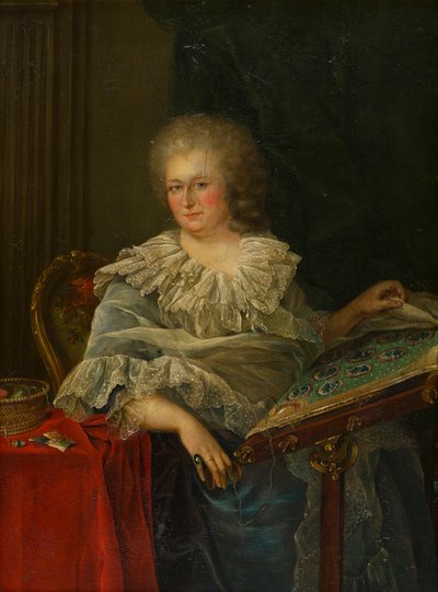 Retrato da Viscondessa Torrington sentada no seu bordado, c.1747-75 (óleo sobre painel) de Francois Hubert (follower of) Drouais