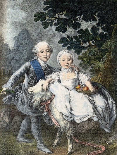 O Conde de Artois criança (futuro Rei Carlos X) (1757-1836) e sua irmã Marie Clotilde Xavière (futura Rainha da Sardenha) (1759-1802) - representada em 1764. Gravura do século XIX após a pintura de François Hubert Drouais. de Francois Hubert (manner of) Drouais