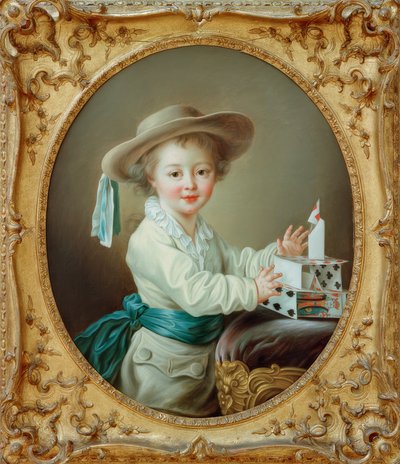 Rapazinho a construir um castelo de cartas de Francois Hubert Drouais