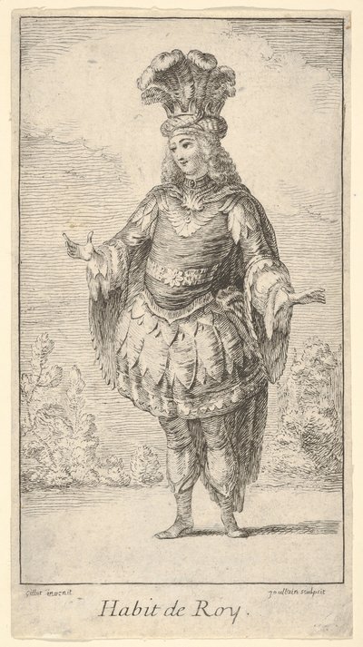 Hábito de Roy: um homem usando um tonellet decorado com rosetas, uma coroa e um turbante com..., ca. 1721. de Francois Joullain
