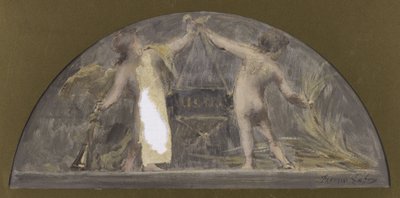 Esboço para a sala de jantar do Hôtel de Ville de Paris, uma criança segurando uma trombeta e a outra um molho levantando uma grande caixa de Francois Lafon