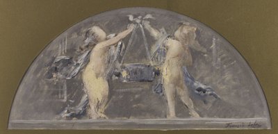 Esboço para a sala de jantar do Hôtel de Ville de Paris, duas crianças a levantar uma caixa grande de Francois Lafon