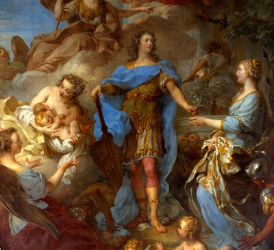 Detalhe do "Rei Luís XV (1710-1774) dando a paz à Europa" Alegoria na época do Tratado de Sevilha, a deusa Minerva está representada. Pintura de François le Moyne (1688-1737) 1729 Sol. 3,82x2,95 m - Detalhe do Rei Luís XV (1710-1774) traz de François Lemoyne
