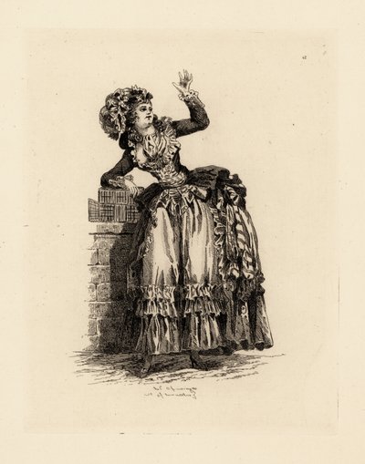 Mulher da moda em boné a la Nicolet, era de Maria Antonieta (gravura) de Francois Louis Joseph (after) Watteau